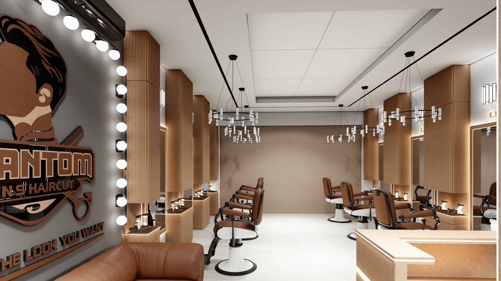 A modern and stylish barbershop interior is featured.