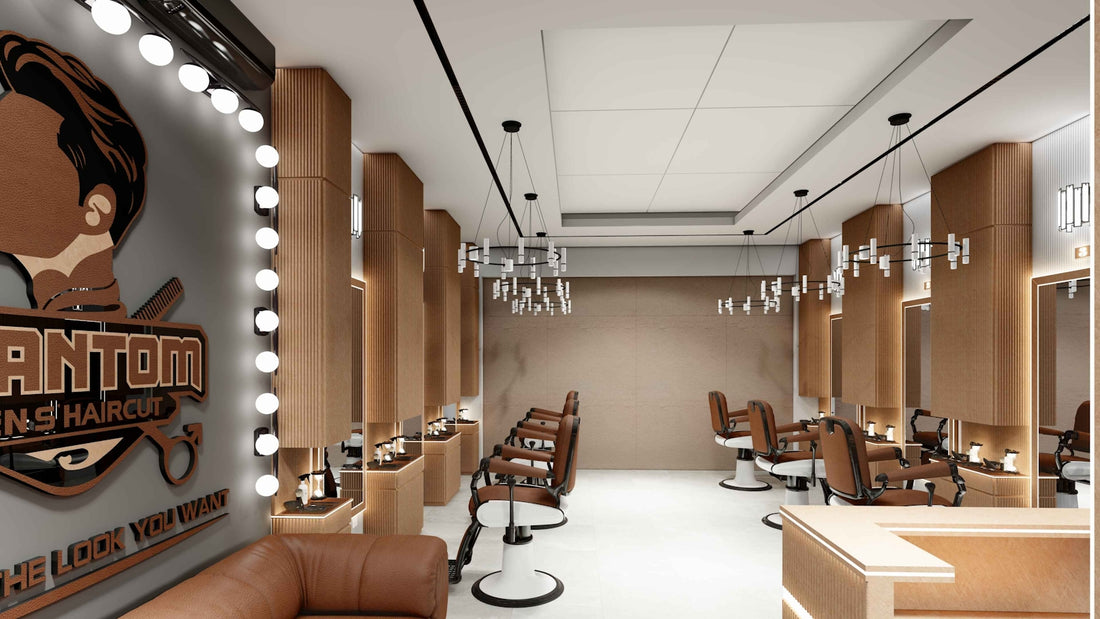 A modern and stylish barbershop interior is featured.